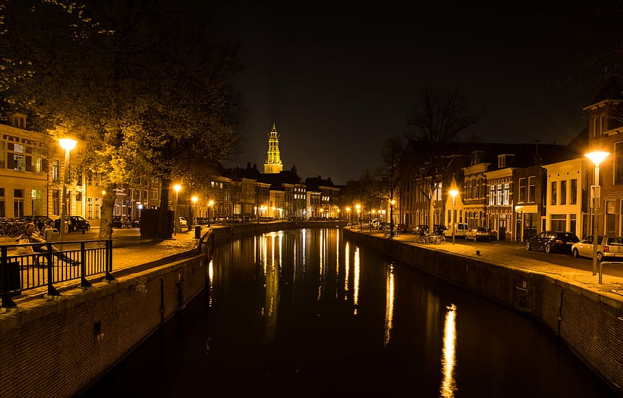 canal photo, night, river, concrete, houses, dark, city, canal, buildings, architecture