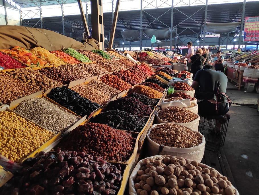 bazaar, bazar, dried fruit, market, orient, central asia, food and drink, food, choice, market stall