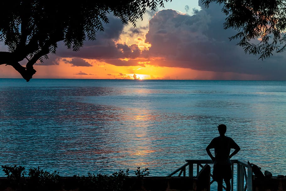 silhouette, person, facing, sea, sunset, atlantic ocean, barbados, clearwater villa, tropical, sky