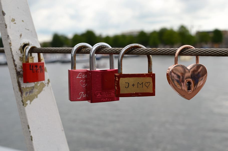 no person, security and surveillance, padlock, lock, hearts, heart, love, red, bridge, obligation