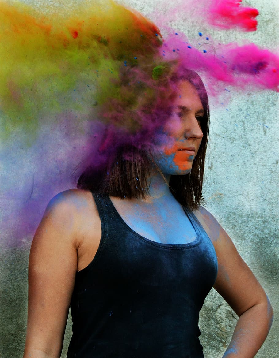 girl, colors, holi, powder, pink, yellow, face, brunette, women, people