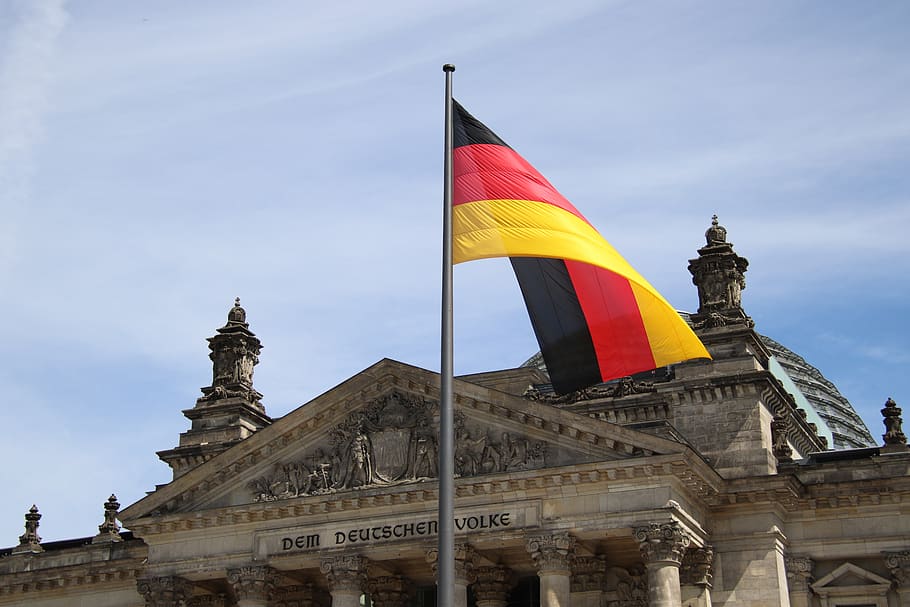 germany, berlin, reichstag, flag, german flag, cloud, black, red, gold, sky