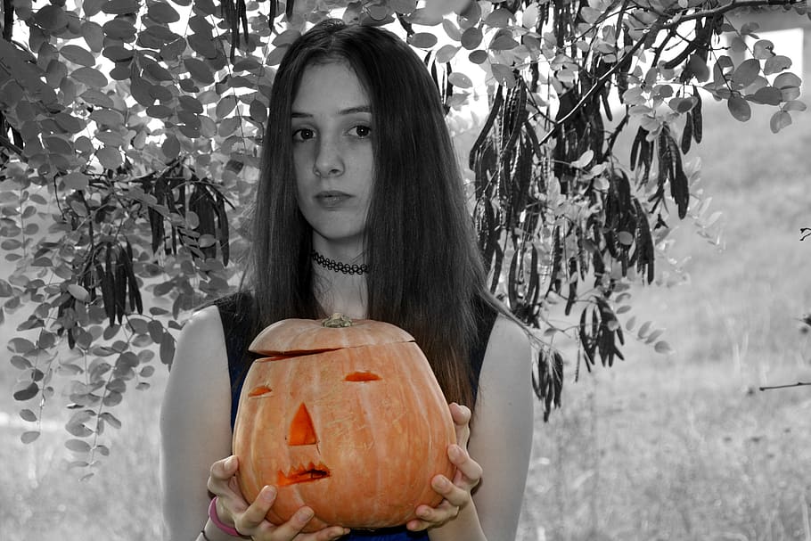 halloween, pumpkin, girl, forest, portrait, one person, looking at camera, real people, young women, front view