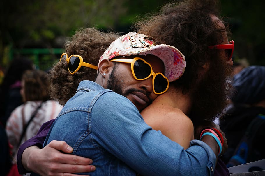man, hugging, daytime, people, men, friends, family, beard, cap, sunglasses