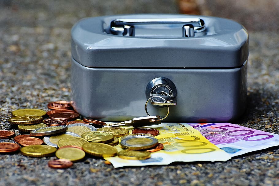 stainless, steel security box, coins, banknotes, cashbox, money, currency, cash box, finance, money box
