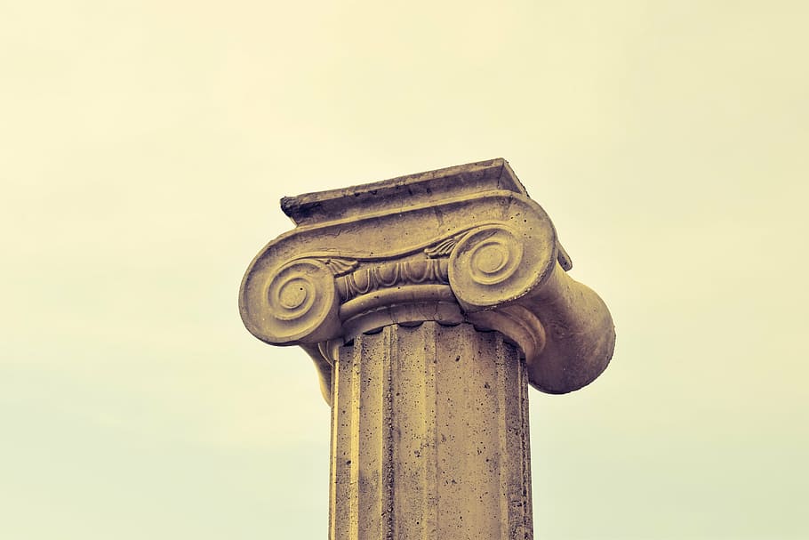 brown concrete column, pillar capitals, greek, architecture, column, ionic, elegance, classical, architectural column, low angle view