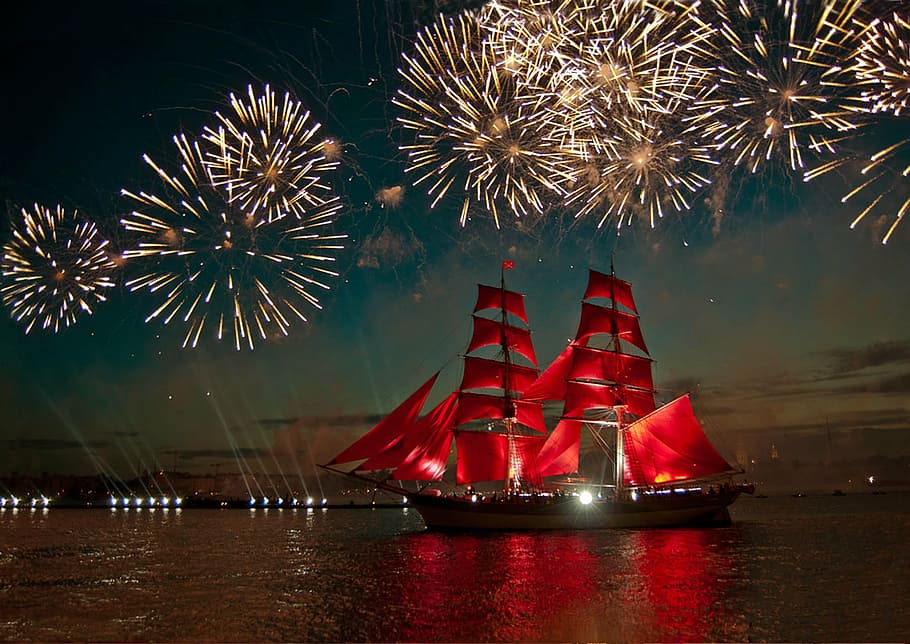 red, beige, ship, fireworks landscape photograph, salute, holiday, sailboat, scarlet sails, neva, st petersburg russia