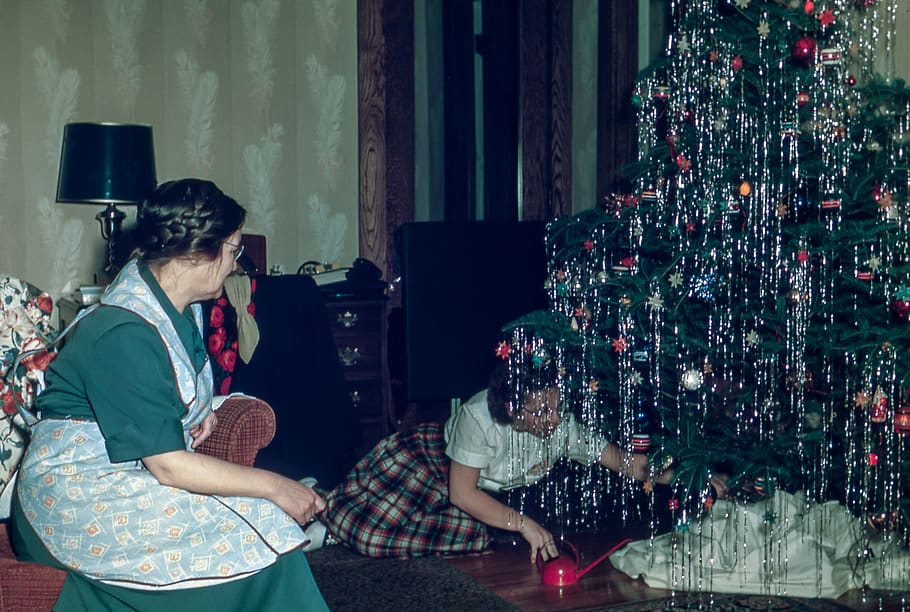 people, women, indoor, inside, house, christmas, tree, decor, lampshade, floor