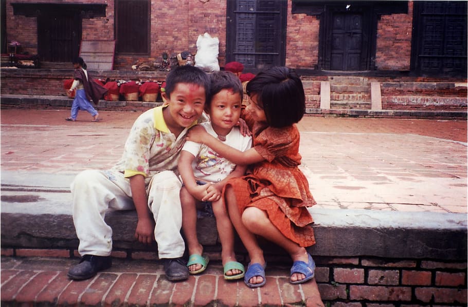 two, kids, hugging, smaller, kid, Kathmandu, Nepal, children, photos, people
