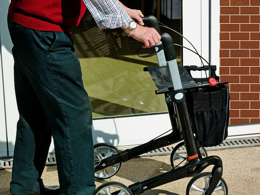 person, riding, black, walker, rollator, old, retirement home, retirement, go, ill