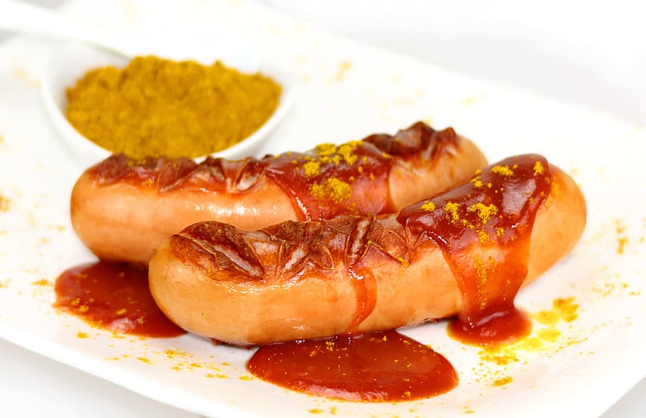currywurst, sausage, fast food, ketchup, curry, eat, nutrition, snack, food, food and drink