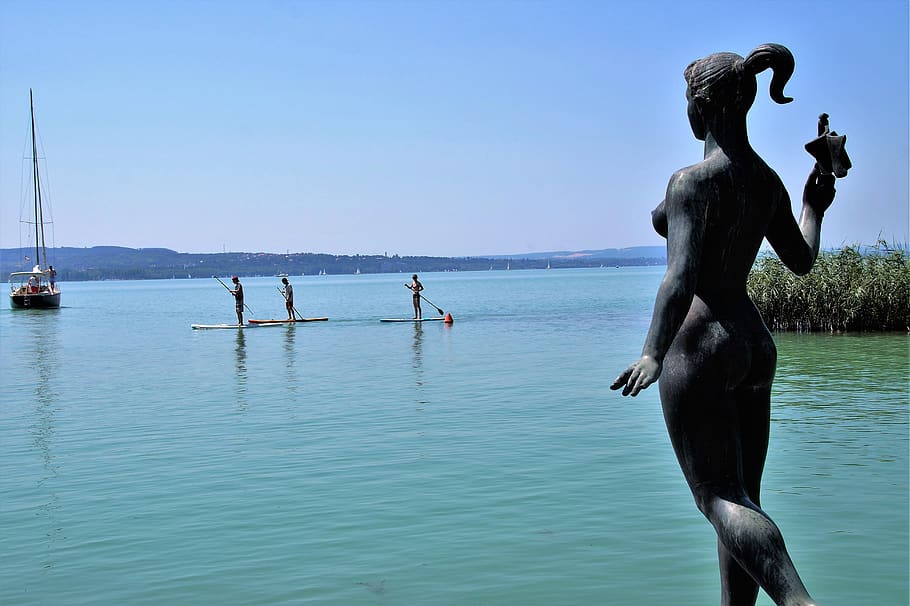 estatua, lago, stand up paddle, paddle boarding, balaton, deportes acuáticos, agua, cielo, representación, mar
