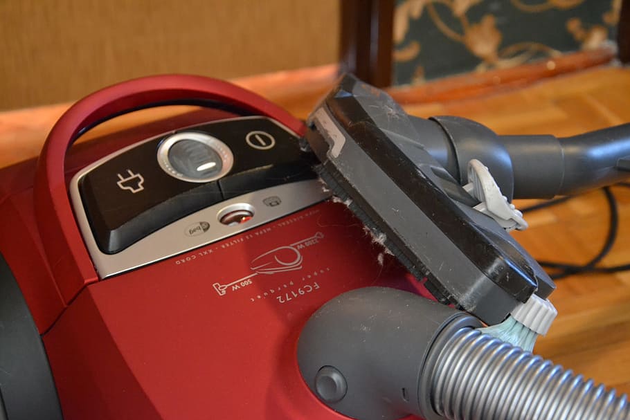 red, silver canister vacuum, cleaner, floor, cleaning, clean up, the order of the, cleanup, vacuum cleaner, vacuuming