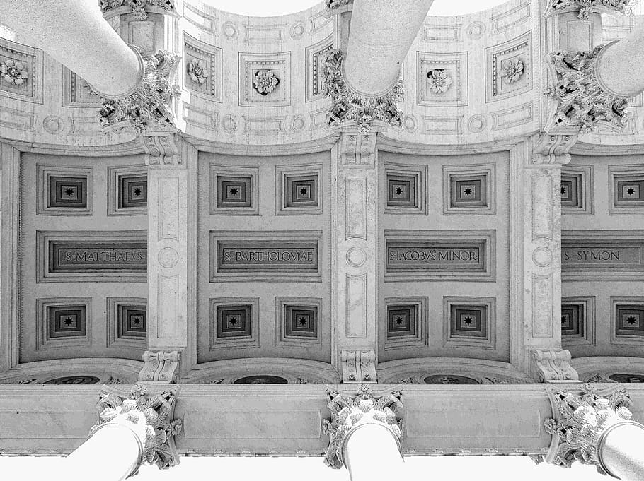 rome, lazio, italy, black and white, ceiling, column, columns, capitello, capitals, symmetry