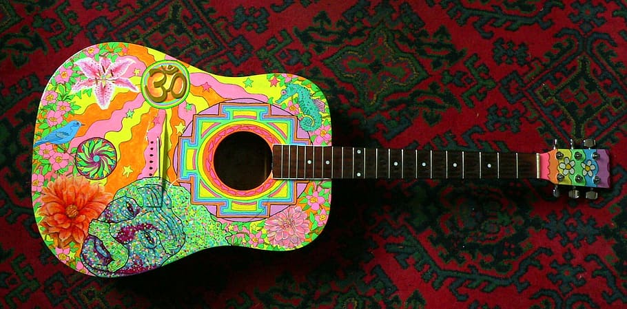 black, multicolored, dreadnought, acoustic, guitar, textile, acoustic guitar, hippie, painted, 60ies