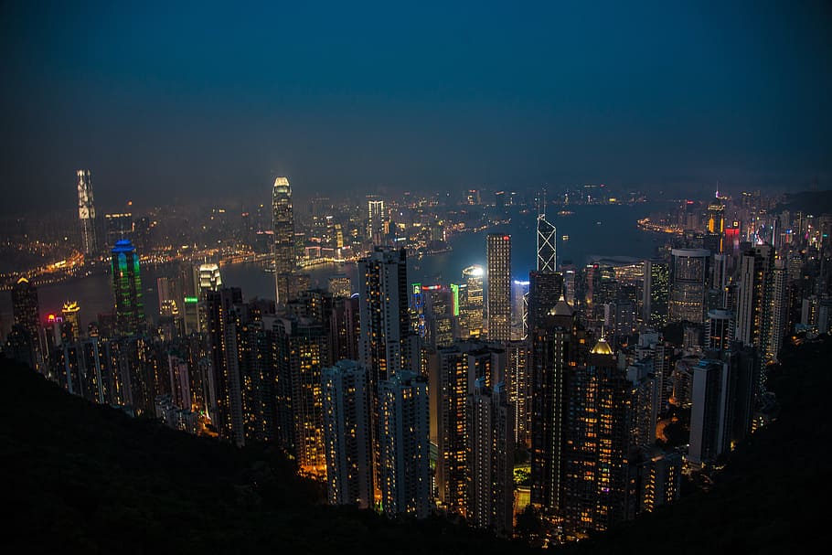 Hong Kong, noche, Victoria Peak, paisaje urbano, rascacielos, ciudad, iluminada, vida urbana, horizonte urbano, arquitectura