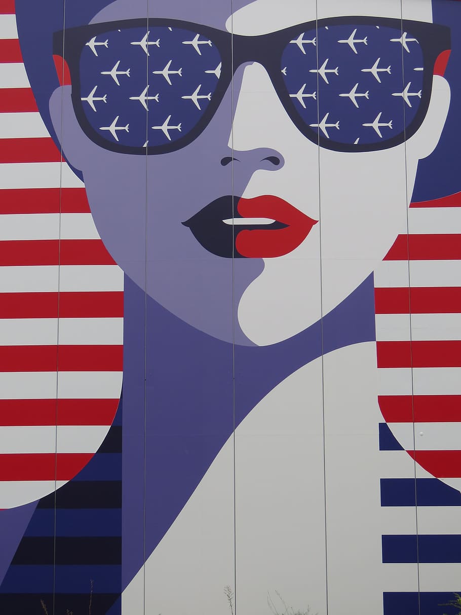 Mujer, vistiendo, gafas de sol, rojo, pintura de labios, Estados Unidos, cara, gafas, avión, vuelo