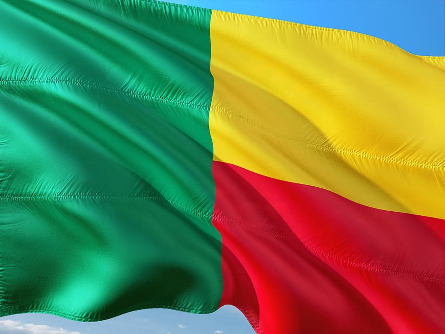 international, flag, benin, multi colored, green color, yellow, wind, red, environment, celebration