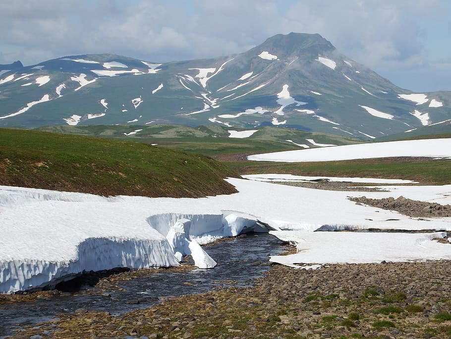 Kamchatka, meseta montañosa, tundra, volcán, la nieve, verano, agosto, montañas, cedro, arbusto