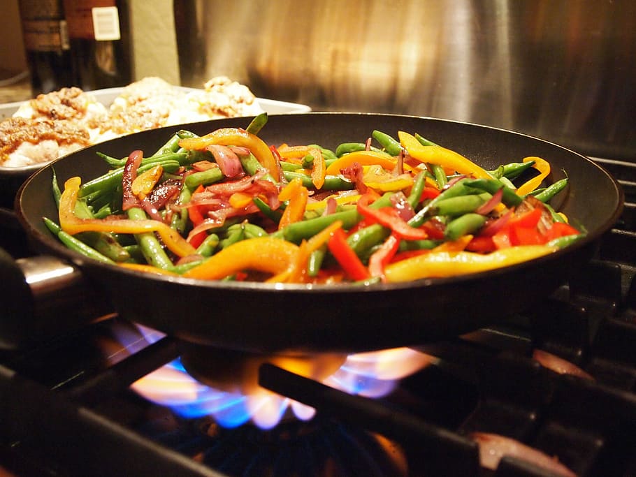 stir-fried vegetables, cast iron wok, stir fry, cooking, healthy, dish, dinner, fry, food and drink, food
