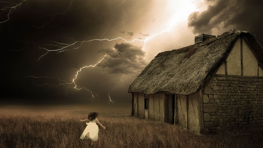 fantasy, thunderstorm, barn, child, fear, seeking, field, gloomy, clouds, forward