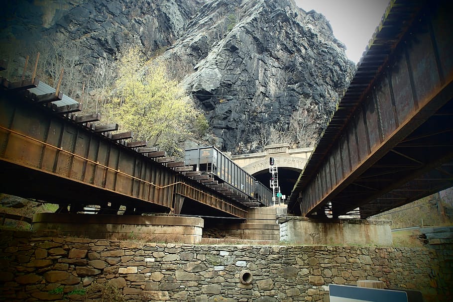 bridge, water, river, travel, architecture, harpers ferry, tourism, town, history, scene
