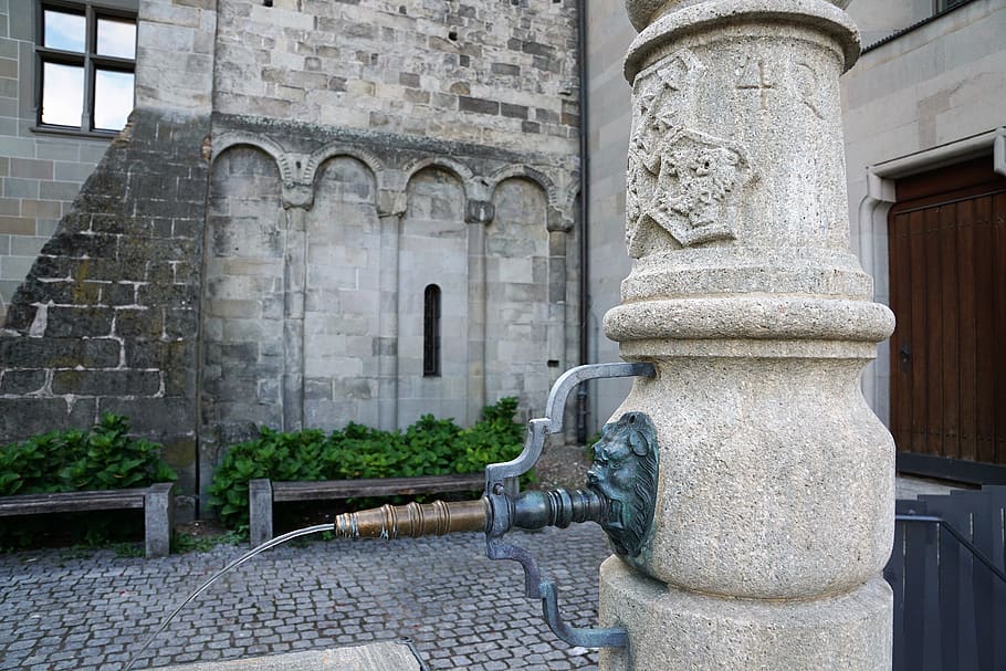 fonte, agua, ruim, Fraumünster, Zurique, igreja, característica da água, jardim, parede, Zwingli