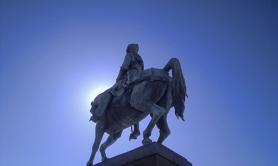 Joan Of Arc, Statue, Orleans, martroi, blue sky, against the light, sculpture, blue, low angle view, sky