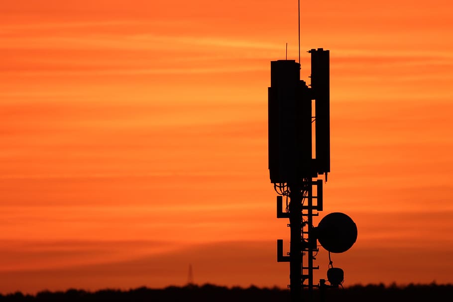 transmitting antenna, mobile, sunset, converter, afterglow, technology, radio, transmission tower, sky, orange color