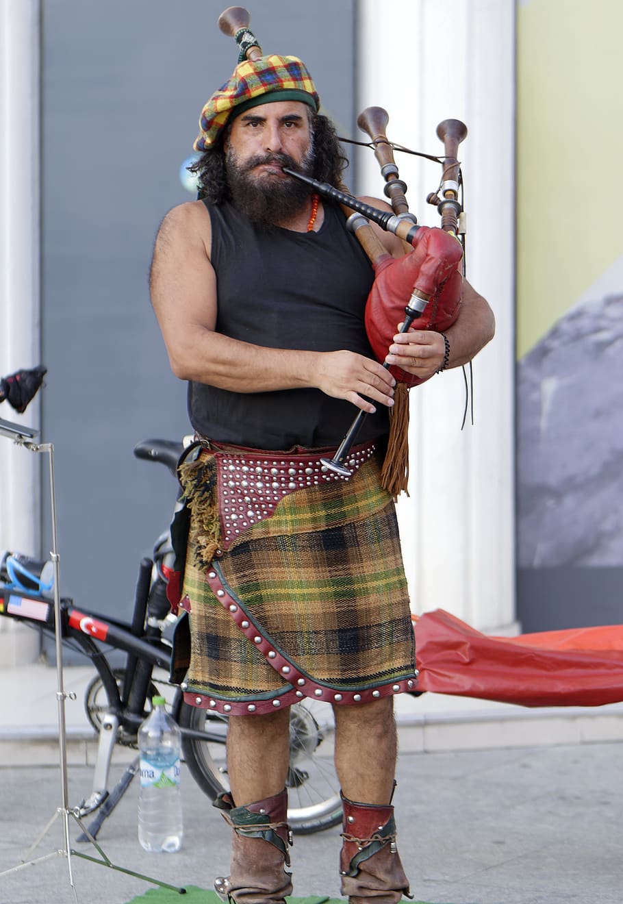 man, adult, bearded, singing, pipes, street, skirt, the scottish, building, bike
