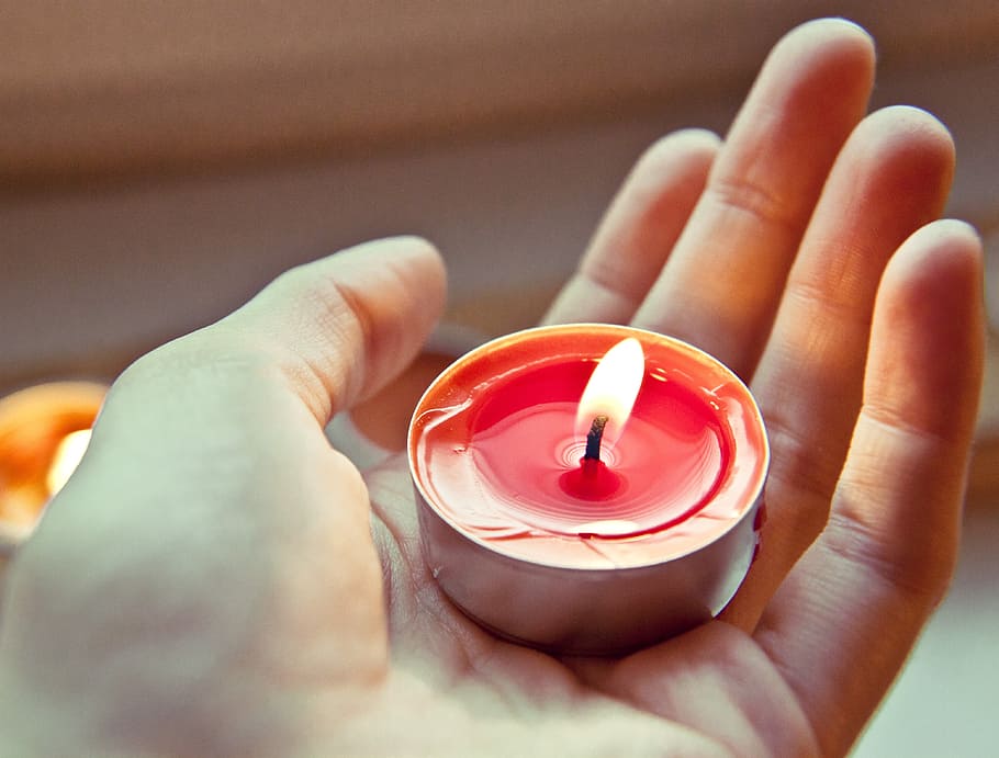 person, holding, red, tealight candle, candle, tea light, burn, light, hand, flame
