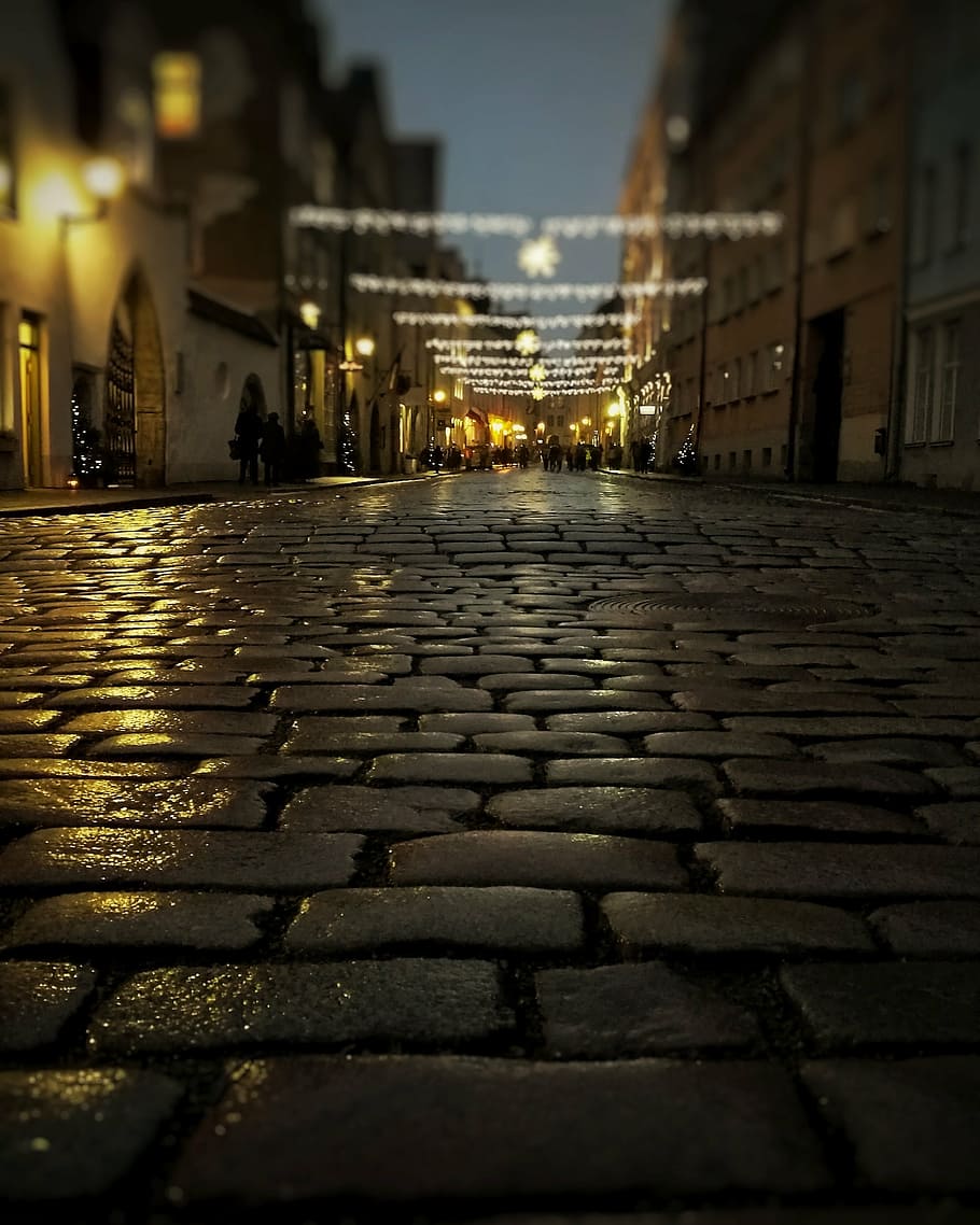 gray, brick road, nighttime, estonia, night, street, old tallinn, built structure, architecture, building exterior