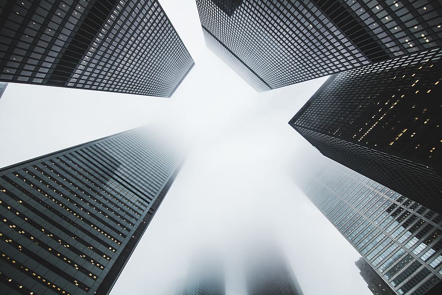 edifícios, arquitetura, escritório, negócios, corporativo, janelas, céu, névoa, neblina, nuvens