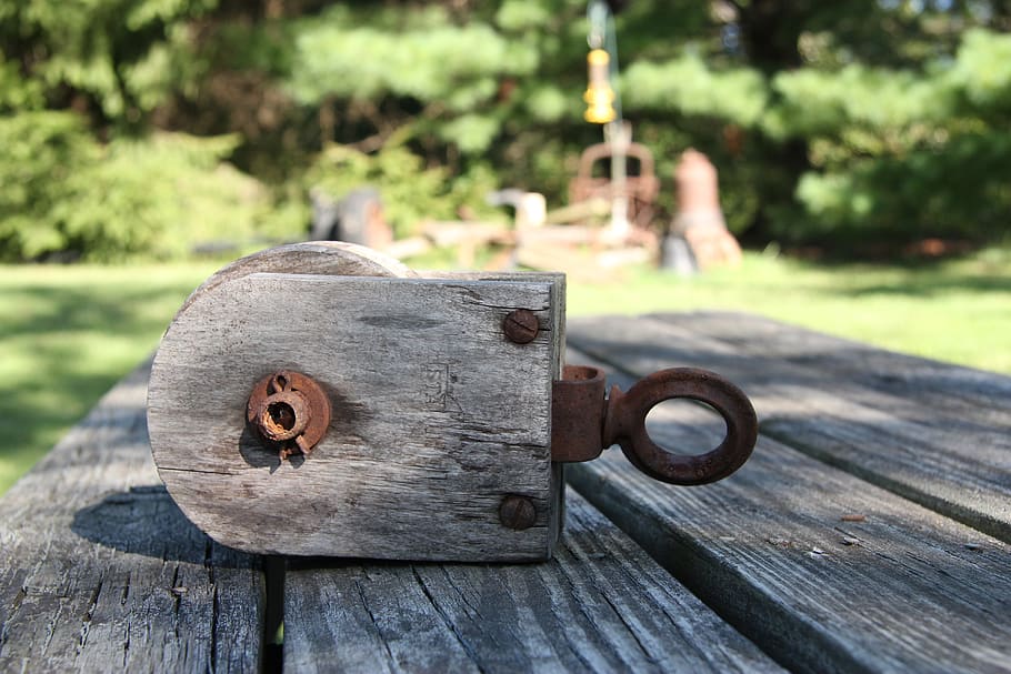 wood, wooden pulley, wooden table, table, wooden, old, pulley, equipment, antique, vintage