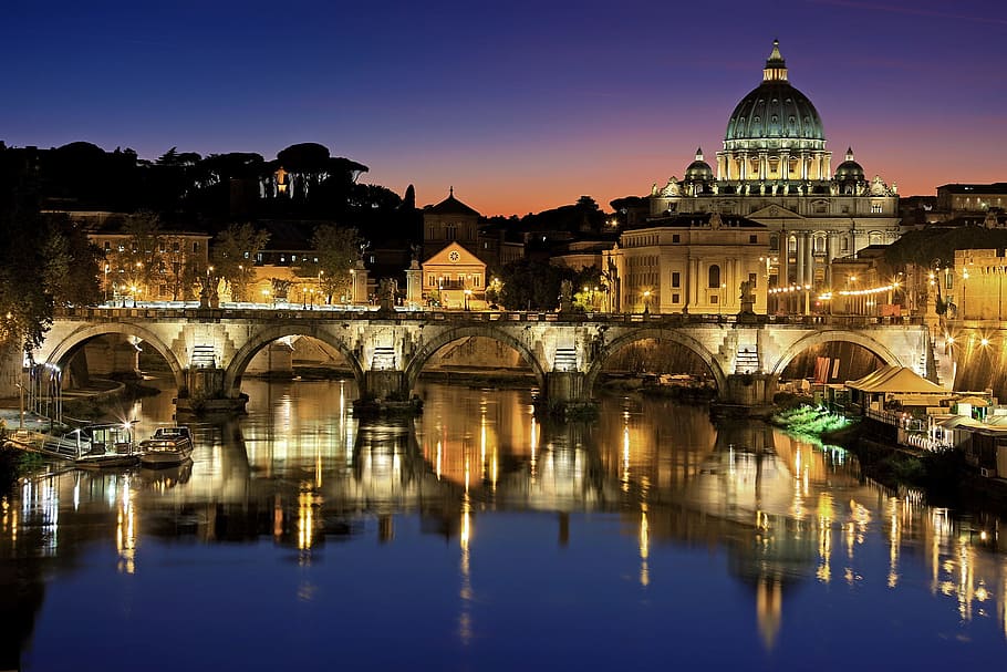 white, blue, dome building, bridge, water, rome, vatican, city, italy, tiber