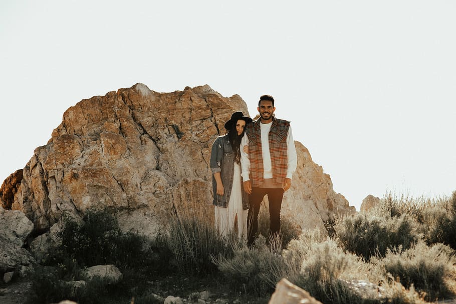 man, woman, together, people, couple, outdoor, rocks, cliff, nature, hill