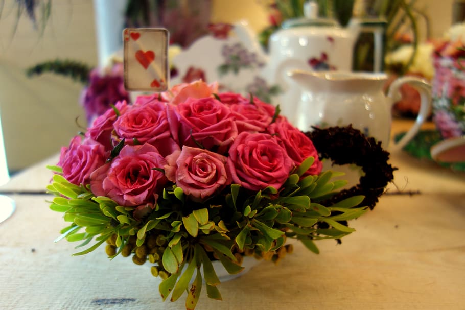 composition, floristry, tea, roses, pink, flowers, teacup, wonderland, hatter, flower arrangement