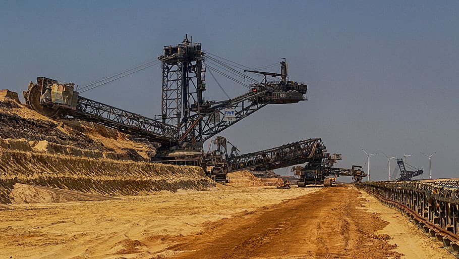 open pit mining, tracked vehicle, carbon, removal, brown coal, commodity, industry, energy, mining, industrial plant