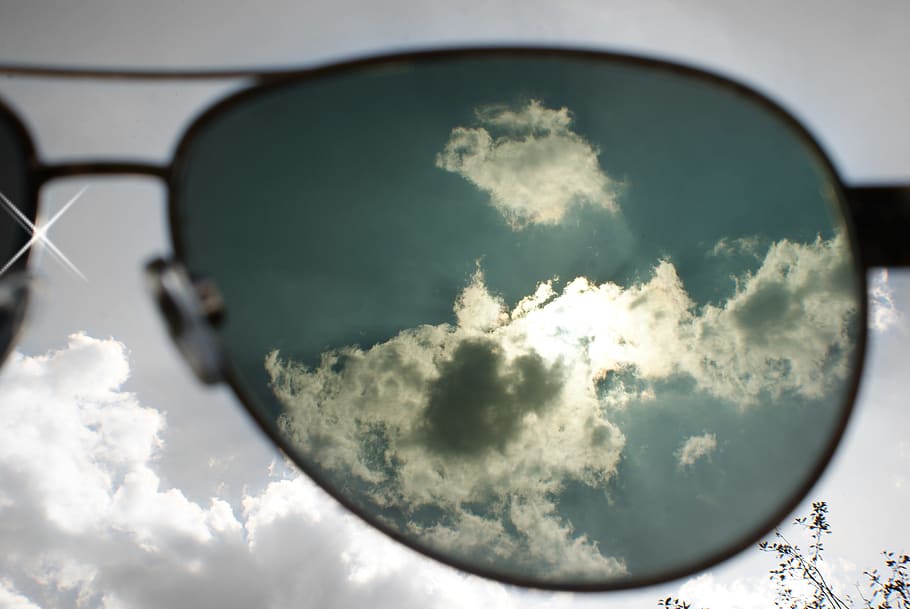 aviator-style sunglasses, facing, white, clouds, vision, bezel, sky, light, sun, contrast