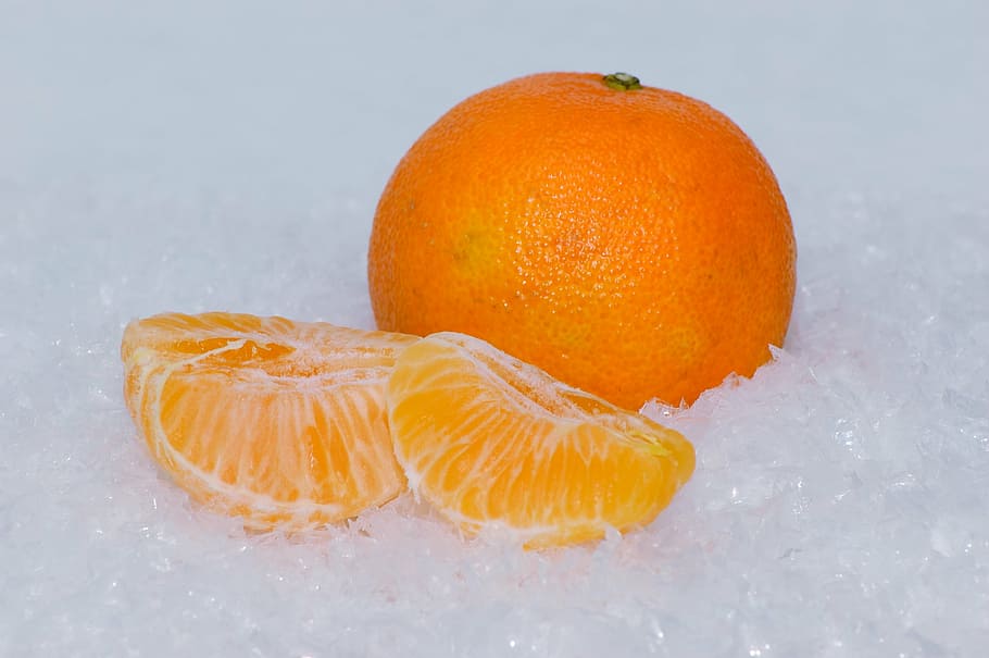 orange fruit, mandarins, citrus, fruit, snow, ice, new year's eve, vitamins, juicy, orange