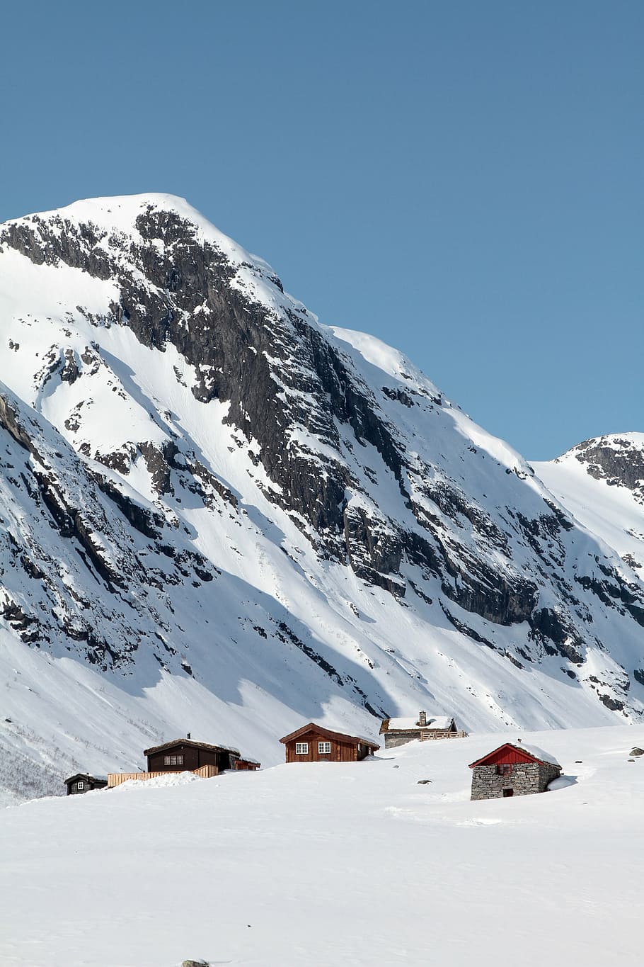 houses, snow mountain, daytime, four, brown, gray, house, surrounded, snow, mountain