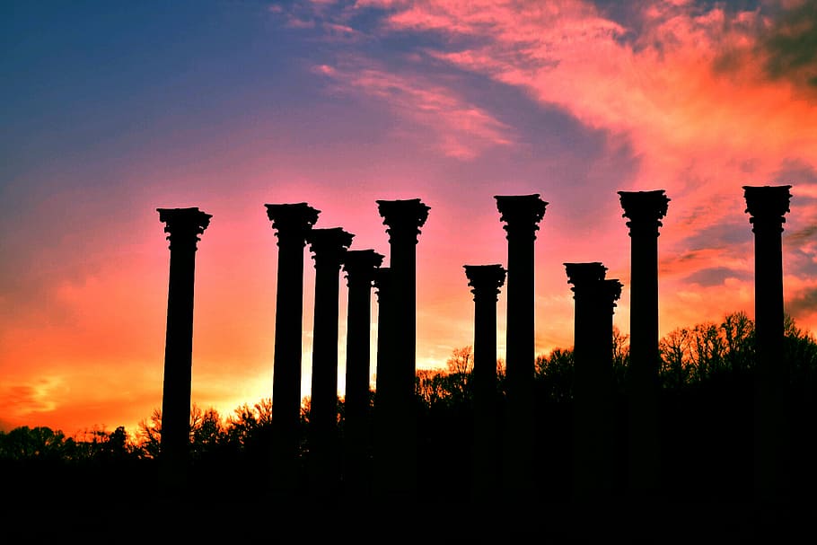 arboretum, sunset, dc, washington, columns, greek, parthenon, silhouette, sky, orange color