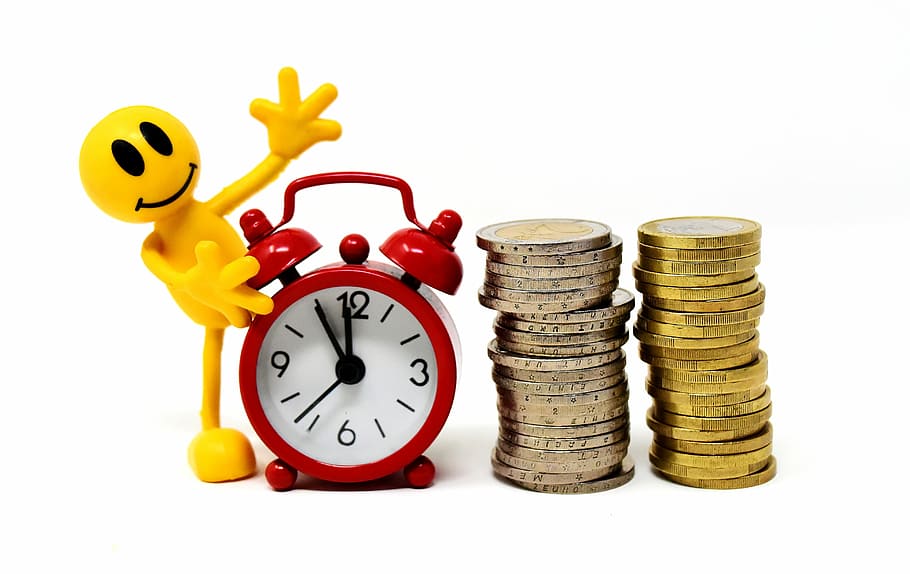 round, white, red, table alarm clock, stack, coins, time is money, figures, funny, clock
