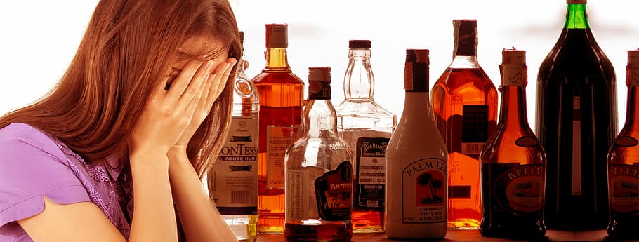 mujer, púrpura, camisa, botella, desesperación, alcohol, vidrio, bebida, vino, bar