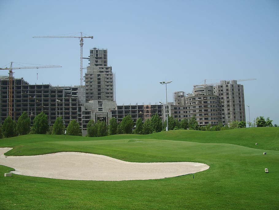 lapangan golf, golf, uae, dubai, uni emirat arab, klub golf els, halaman rumput, rumput, warna hijau, langit