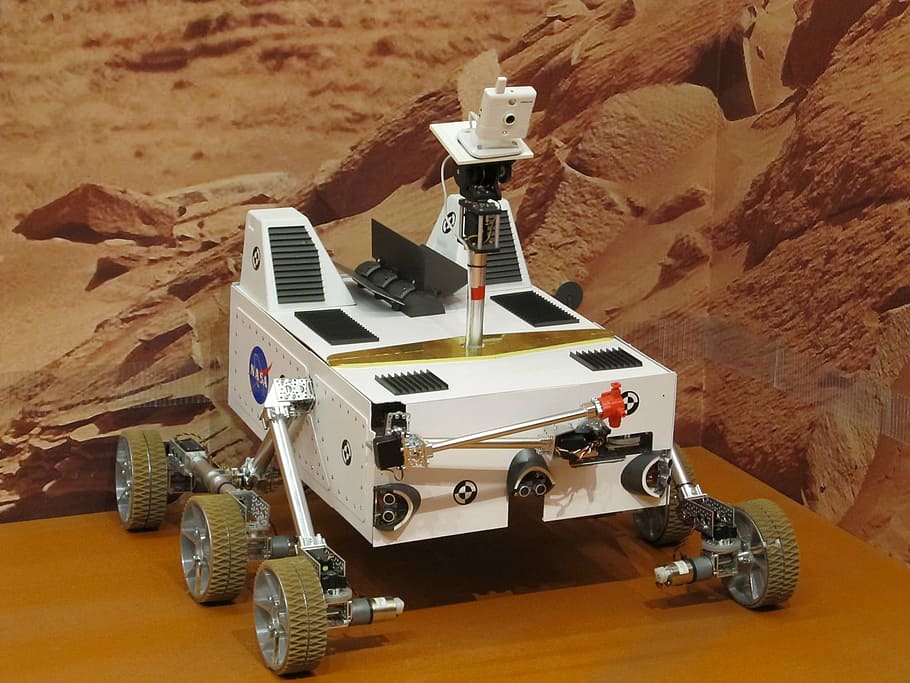 white, robot, brown, table, mars rover, exhibit, space, exploration, research, saint louis