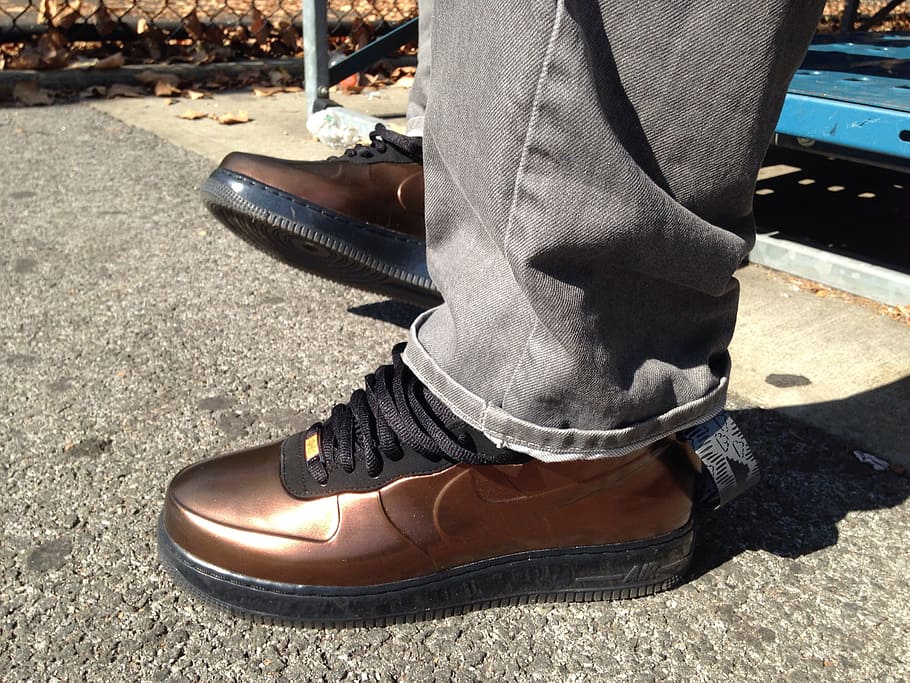 man, wearing, pair, brown, nike shoes, concrete, floor, Nike, Jordan, Tennis