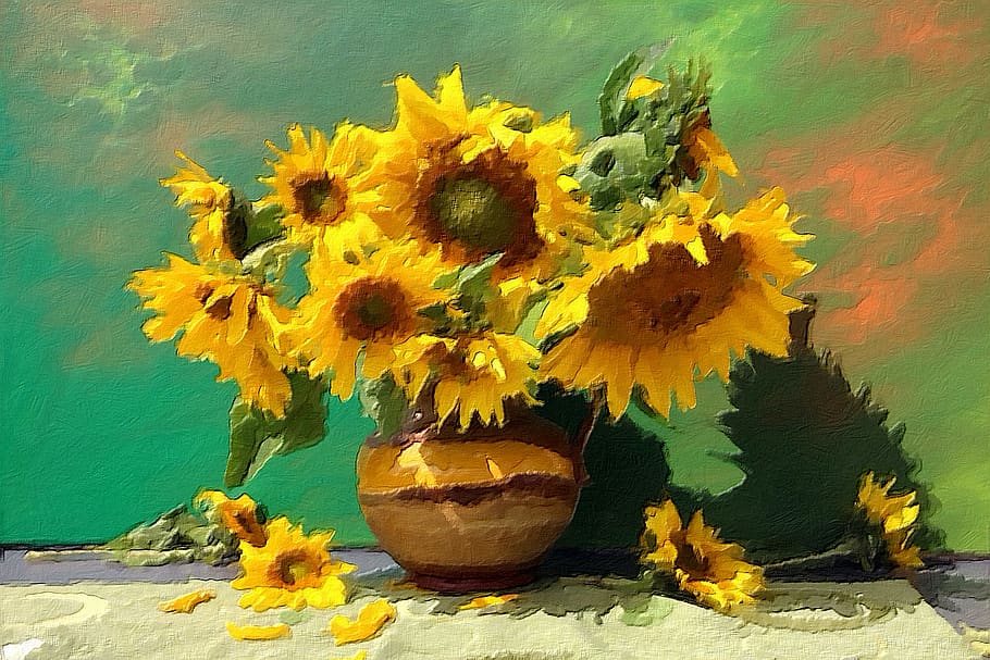 pintura, girassol, vaso de flores, motivo de outono, abstrato, impressionismo, amarelo, natureza, planta, sem pessoas