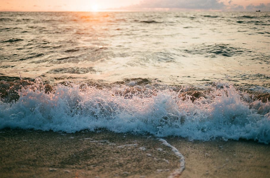 mar, onda, espuma, sol, Pôr do sol, praia, período de férias, viagem, oceano, surfar