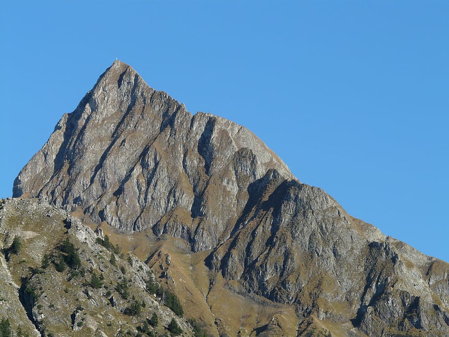 rock mountain, blue, sky, höfats, mountain, summit cross, cross, hiking, mountaineering, steep